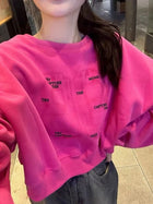 Women Letter Print Sweatshirt Hot Pink Batwing Sleeve Cropped Hoodie Loose Pullover Cute Fall Winter Streetwear 2026 New