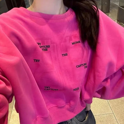 Women Letter Print Sweatshirt Hot Pink Batwing Sleeve Cropped Hoodie Loose Pullover Cute Fall Winter Streetwear 2026 New