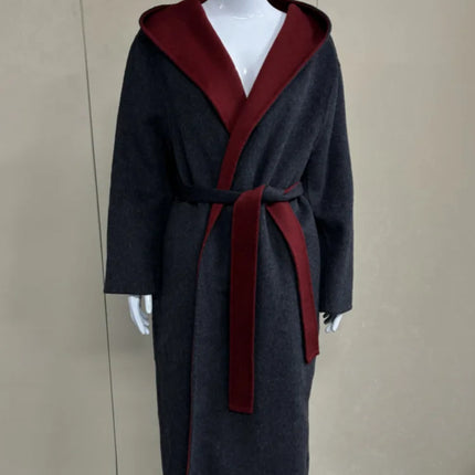 UCXQ Color Blocked Double Sided Wool Coat For Women Hooded Long Sleeved Belt Cardigan Coats 2025 Autumn Winter New Tide 23Z3934