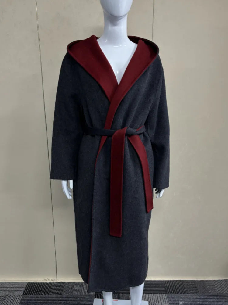 UCXQ Color Blocked Double Sided Wool Coat For Women Hooded Long Sleeved Belt Cardigan Coats 2025 Autumn Winter New Tide 23Z3934