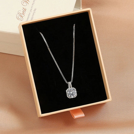 ZAKOL Simple Geometric Crystal White Zircon Pendant Necklace For Women Silver-Color Wedding Party Jewelry Gift With Box PlatiNum