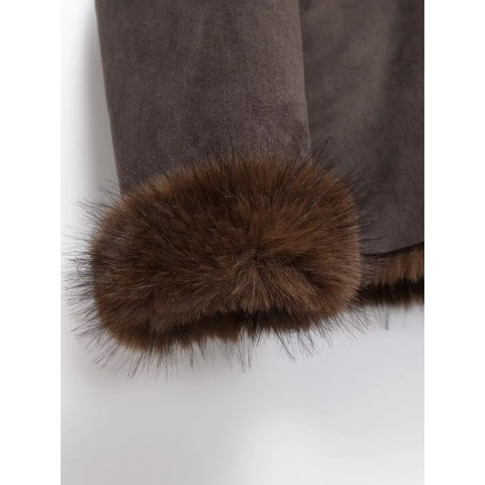 New in Reversible Double-faced Faux Fur Jacket for Women Stylish Lapel Collar Crossover Button-up Outwears Winter Brown Overcoat