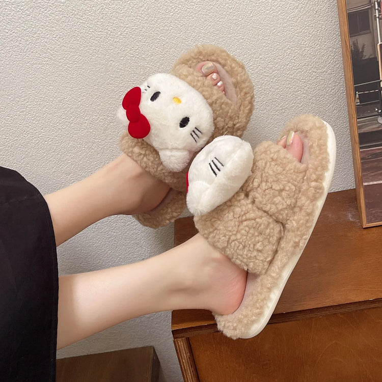Sanrio Hello Kitty Women's 3D Cartoon Fluffy Teddy Fleece Open Toe Slippers Soft Non-Slip Sole Comfy Indoor Bedroom House Slides