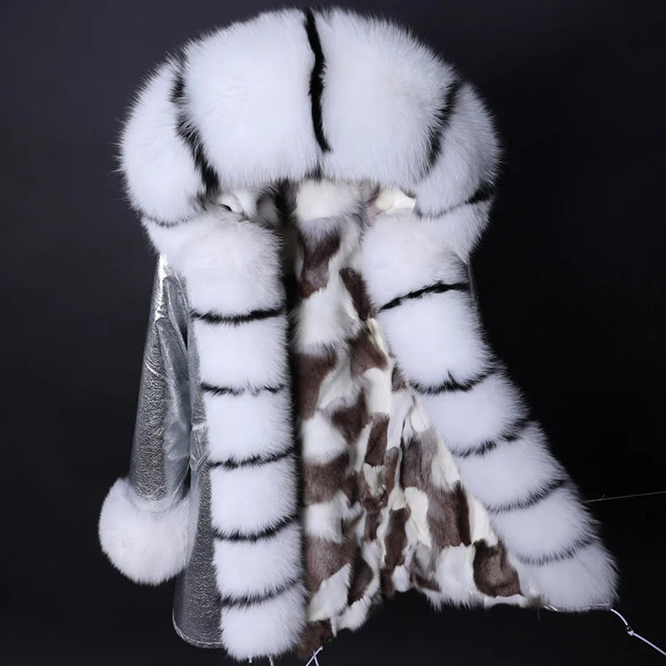 Winter Long Jacket Real Fur Coat Women Clothes Large Silver Fox Fur Collar Detachable Natural Fox Lining Parkas Leather Fur