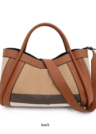 Borsa Tote in Tessuto a Righe con Bordi in Ecopelle, Manico Largo, Borsa a Spalla Grande per Uso Quotidiano e Pendolarismo