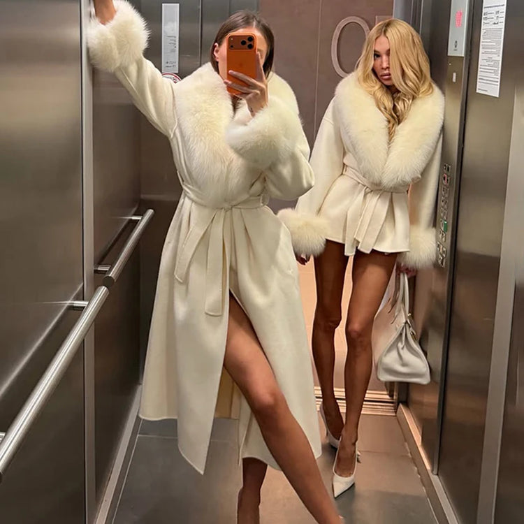 TARUXY Women Luxurious Faux Fox Fur Collar Long Jacket Elegant Solid Long-Sleeved Loose Lace Up Street Warm Coat 2026 Winter New