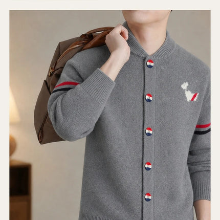 Fashion Men's Knit Cardigan High-End Brand Cartoon Dog Print Design Autumn Winter New Classic Striped Korean Casual Sweater Coat