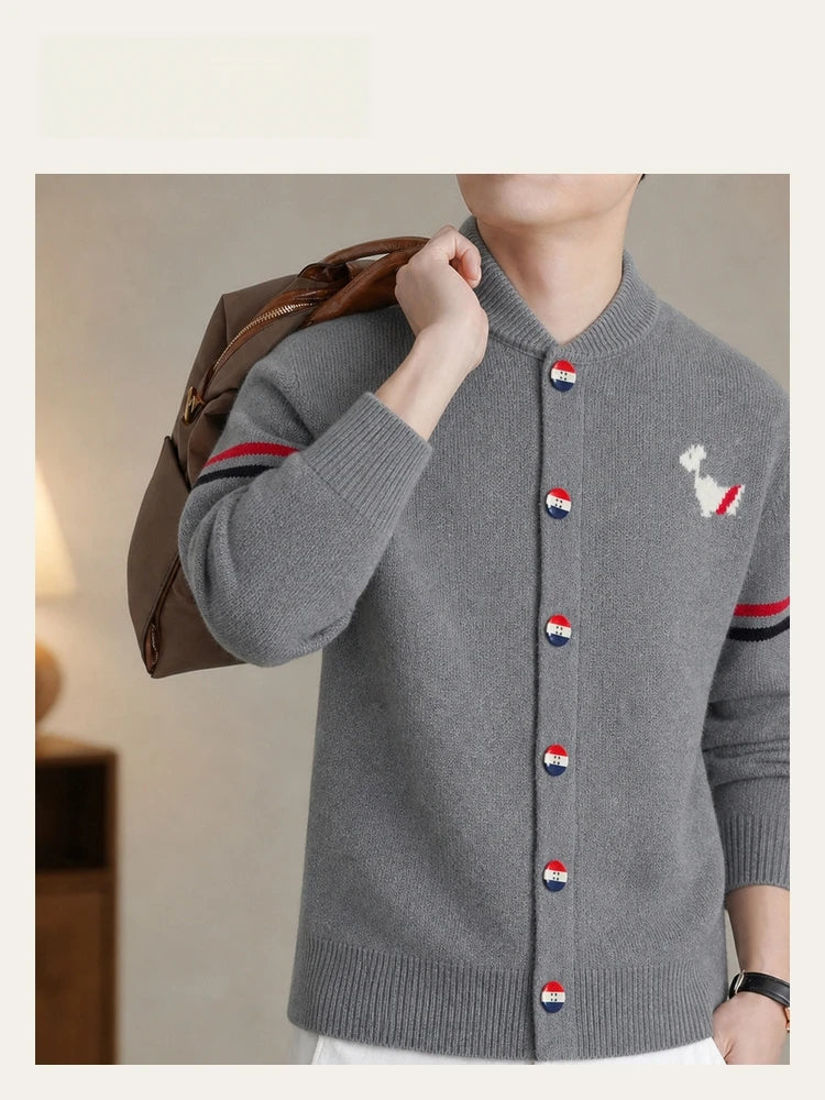 Fashion Men's Knit Cardigan High-End Brand Cartoon Dog Print Design Autumn Winter New Classic Striped Korean Casual Sweater Coat