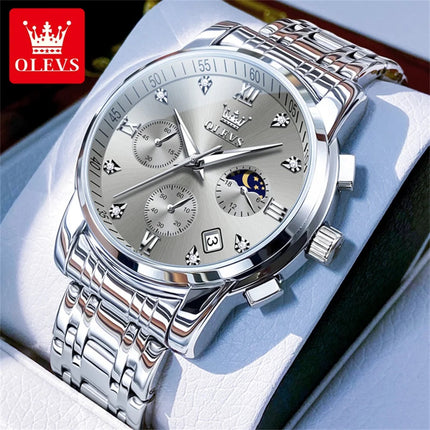 OLEVS 2858 Orologio da Uomo in Acciaio Inossidabile, Impermeabile, Antigraffio, con Fasi Lunari, Luminoso, Cronografo, Orologio da Polso al Quarzo di Lusso platinumshop