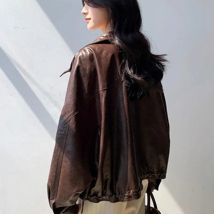 Waxed Sheepskin Genuine Leather Moto Biker Jacket Women Cropped Stand Collar Zip Up Snap Button Loose Casual Autumn Outwear 2026