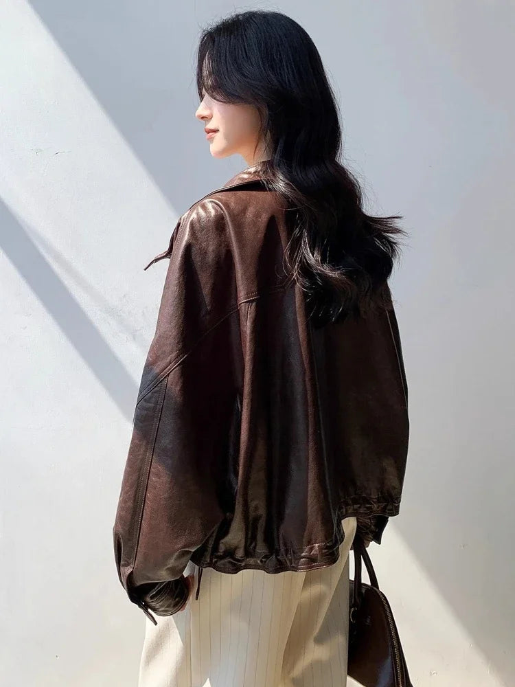 Waxed Sheepskin Genuine Leather Moto Biker Jacket Women Cropped Stand Collar Zip Up Snap Button Loose Casual Autumn Outwear 2026