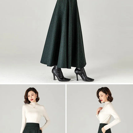 New Women Woolen Plaid Skirt Autumn Winter Fashion Elastic High Waist A-Line Wool Blended Long Skirt Simplicity Vintage Skirt PlatiNum