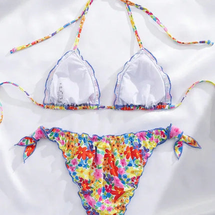 Nuovo Set Bikini Donna Estivo con Stampa Floreale Arancione, Halter con Volant, Push-Up e Perizoma con Laccetti Laterali PlatiNum