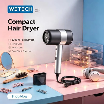 WETECH W1119 2200W Negative Ionic Hair Dryer 220-240V EU Plug Professional Compact Hair Blow Dryer With Concentrator Nozzle Cool Shot Function For Home Travel
