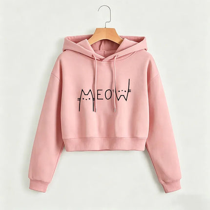 Funny Meow Cat Cropped Sweatshirt Crop Top Hoodie Y2k Sweatshirts Gothic Casual Style Clothes kawaii girls hoodies