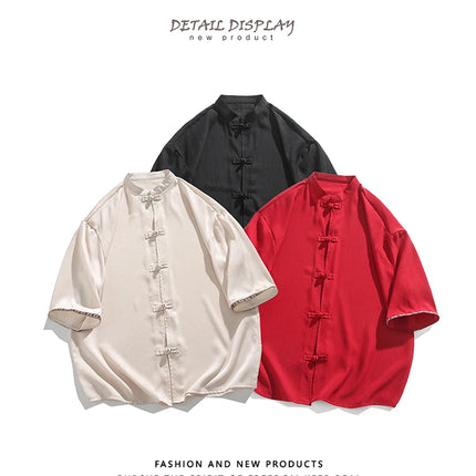 Camicie retrò da uomo, estive, eleganti, larghe, casual, leggere, sottili, traspiranti, in stile cinese, vintage, con calligrafia tradizionale.