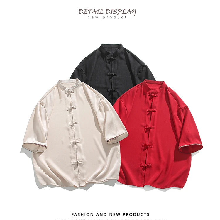 Camicie retrò da uomo, estive, eleganti, larghe, casual, leggere, sottili, traspiranti, in stile cinese, vintage, con calligrafia tradizionale.
