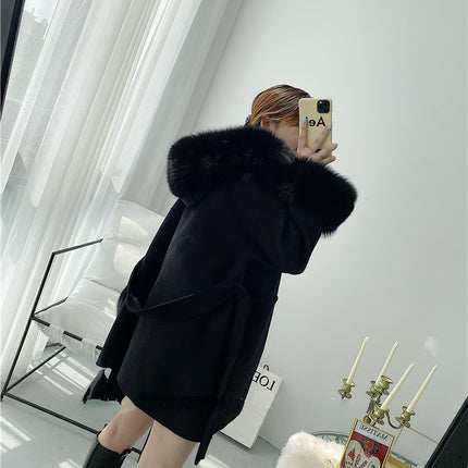 2024 New Oversize Ladies Outerwear Real Fur Coat Winter Jacket Women Natural Fox Fur Collar Cuffs Hood Cashmere Wool Woolen