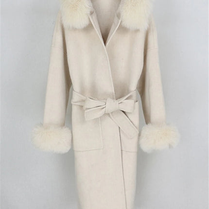 OFTBUY Omen Double Face Wool Coat Natural Fur Coat Wool Blend Jacket Winter Warm Elegant Long Sleeve Fur Cuffs Fashion Outerwear