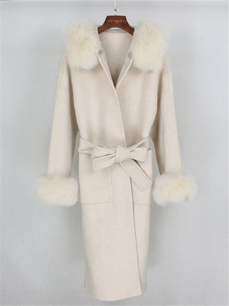 OFTBUY Omen Double Face Wool Coat Natural Fur Coat Wool Blend Jacket Winter Warm Elegant Long Sleeve Fur Cuffs Fashion Outerwear