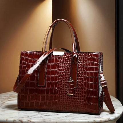 Luxury Vintage Women's Crocodile Pattern Handbag Large Capacity Tote Bag Leather Business Shoulder Bag For Female PlatiNum