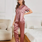 Pigiama in raso con ricamo a cuore, casual, manica corta, bottoni, colletto con risvolto, top e pantaloni, indumenti da notte da donna