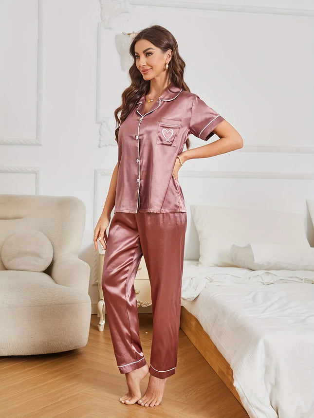 Pigiama in raso con ricamo a cuore, casual, manica corta, bottoni, colletto con risvolto, top e pantaloni, indumenti da notte da donna