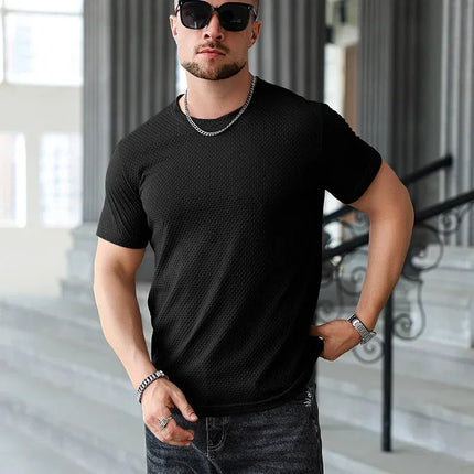 2025 New Men's Casual Short Sleeved Bone Flower Solid Color O-neck T-shirt Fashion Breathable Comfortable Summer Versatile Top PlatiNum