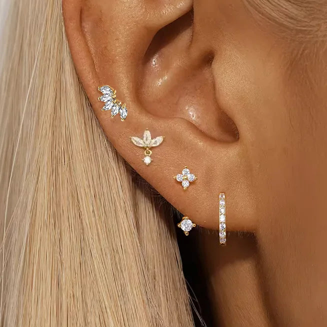4PCS Zircon Heart Moon Flower Small Hoop Earrings Set For Women Stainless Steel Huggies Pendant Piercing Earrings Jewelry Aretes PlatiNum