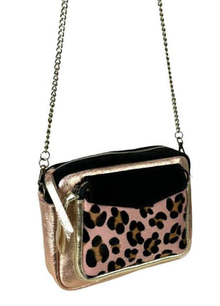 Borsa a spalla in pelle italiana con stampa animalier e dettagli dorati