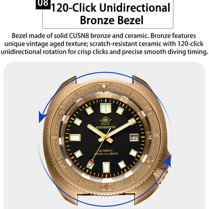ADDIESDIVE Automatic Watch Men Luxury Bronze Watches Sapphire Super C3 Luminous 200m Waterproof Dive 8215 Mechanical Wristwatch