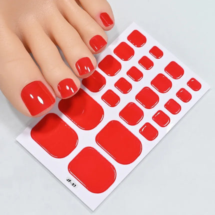 22Tips Red Christmas Baking Free Toenail Sticker Glossy Solid Color Self-adhesive Toe Nail Strips Festival Full Cover Foot Wraps2028