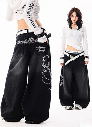 YIBASHU Donna Vintage Ricamo Y2K Jeans larghi Donna Vita alta 2000s Pantaloni in denim a gamba larga Pantaloni Harajuku retrò americani