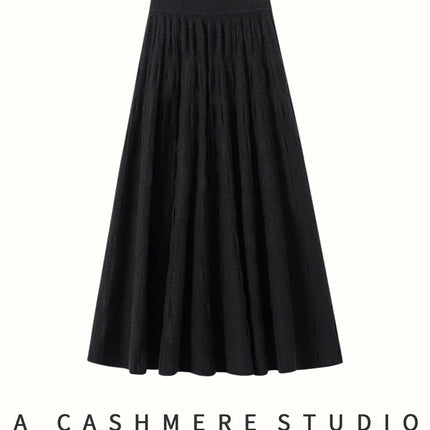 Women Cashmere Skirt A-Line Jacquard Elastic Waist Flared Skirt Autumn Winter 100% Cashmere Knitted Office Lady Curled Hem Dress PlatiNum