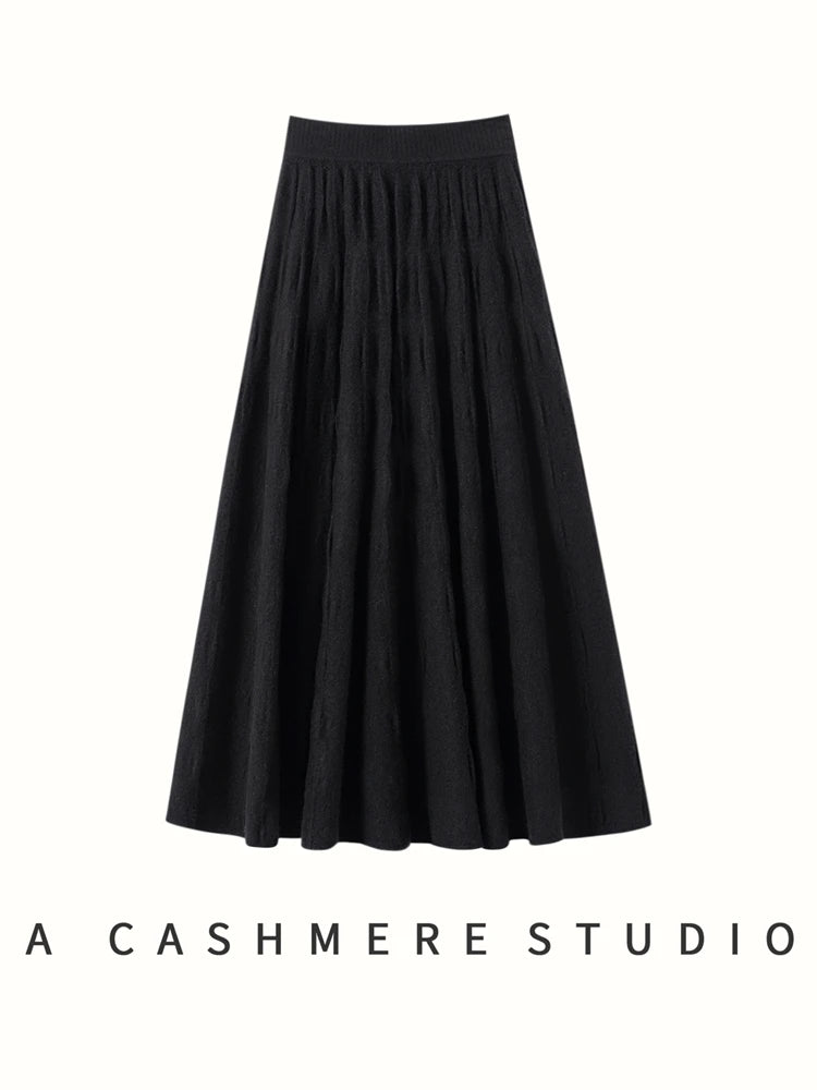 Women Cashmere Skirt A-Line Jacquard Elastic Waist Flared Skirt Autumn Winter 100% Cashmere Knitted Office Lady Curled Hem Dress PlatiNum