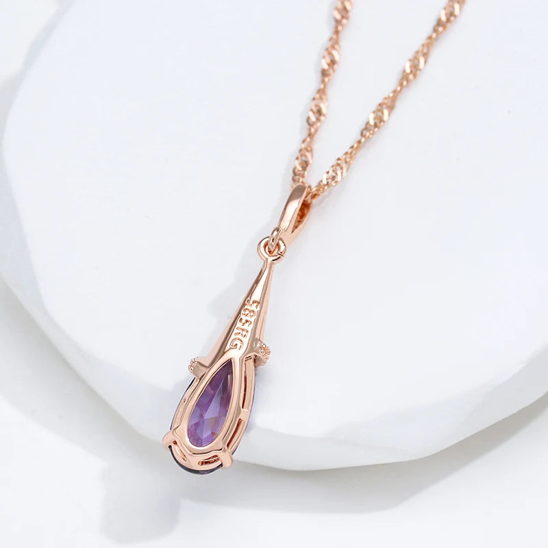 Kinel Fashion 585 Collana con ciondolo lungo color oro rosa per donna Goccia d'acqua Viola Zircone naturale Regalo di gioielli da indossare ogni giorno