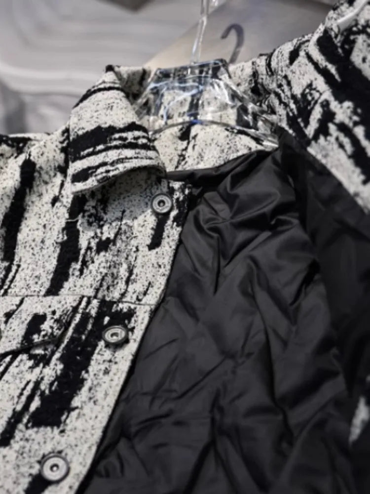 Winter Fashion Mens Down Coat Personality Printed Single Breasted Casual Outerwear Long Sleeve Loose Fit Warm Designer Jacket