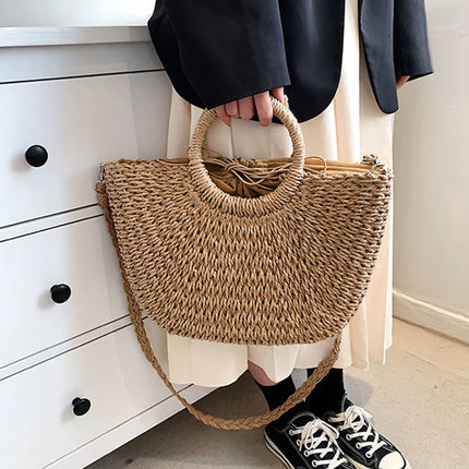 Borse in paglia intrecciata per donna Borsa da viaggio fatta a mano al mare Borsa da spiaggia estiva Nuova borsa a secchiello con manico Shopping Tote Bag Basket Bolsa