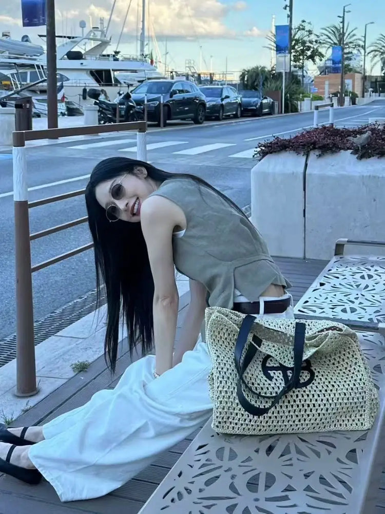 Borsa tote in paglia intrecciata con lettera AB di grande capacità, per vacanze al mare, da donna, a righe, RIO City, stile semplice, borsa da viaggio casual