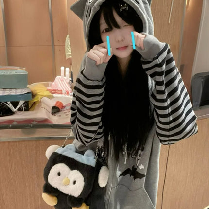 Japanese Harajuku Kawaii Long Sleeve Hoodie Women Cat Ears Sweet Sweatshirt Lace Striped Zipper Casual Cartoon 2025 Autumn