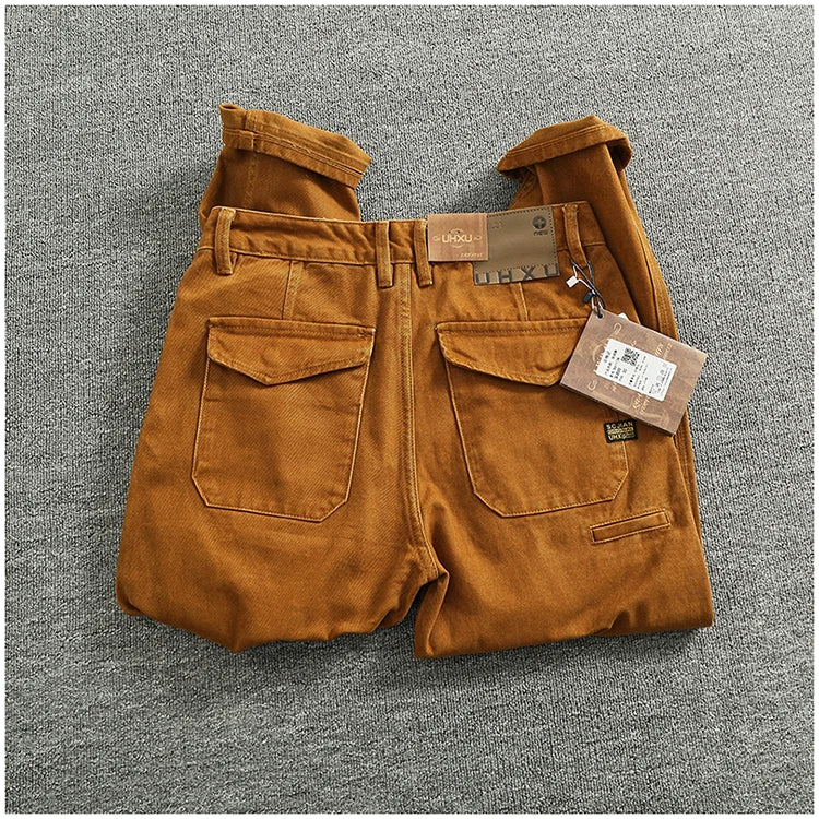 Retro heavy simple cargo pants men's loose straight leg casual pants pure cotton twill woven 3D vertical cut cone pants