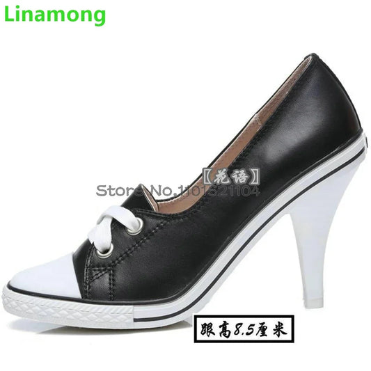 Round Toe Thin High Heel Leisure Pumps For Female Women 2024 Spring New Lace-up Shallow Handamde Mixed Colors Heightened Shoes