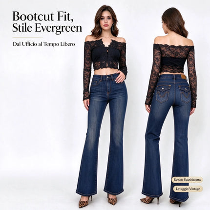 Jeans Women High Waist Bootcut Dark Blue Vintage Wash, Slimming Shaping Stretch Denim for Office and Leisure,Yw-1979