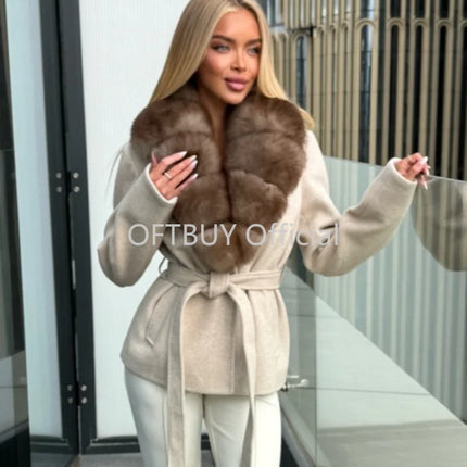 OFTBUY Women 100% Wool Short Coat Real Fox Fur Collar Woolen Jacket New Luxury Winter Natural Fur Clothes Warm Belted Outerwear