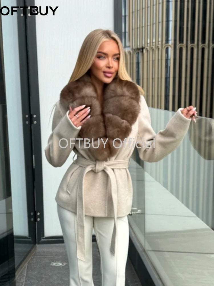 OFTBUY Women 100% Wool Short Coat Real Fox Fur Collar Woolen Jacket New Luxury Winter Natural Fur Clothes Warm Belted Outerwear