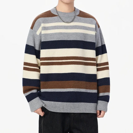 Autumn Winter Warm Casual Pullovers Men Knitted Sweater Fashion Patchwork Striped Loose Hip Hop Knit Streetwear Pull On Sweaters