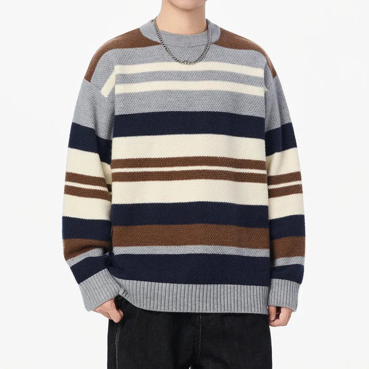 Autumn Winter Warm Casual Pullovers Men Knitted Sweater Fashion Patchwork Striped Loose Hip Hop Knit Streetwear Pull On Sweaters