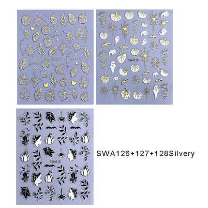 3pcs Autumn Nail Art Stickers Decal Golden Pumpkin Ghost Spider 3D Adhesive Slider for Halloween Thanksgiving Day Manicure Decor