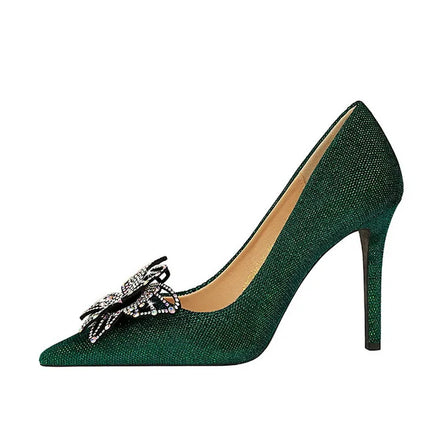 BIGTREE Scarpe Designer Nuove donne Décolleté Strass Farfalla Nodo Punta a punta Flock 10CM Tacchi sottili Scarpe da donna mature super alte