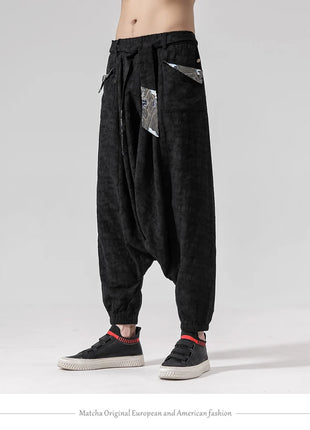 Pantaloni a gamba larga da uomo in cotone e lino casual oversize Harajuku pantaloni alla moda da uomo samurai giapponese retrò Ukiyo-e stampa pantaloni con cintura da uomo